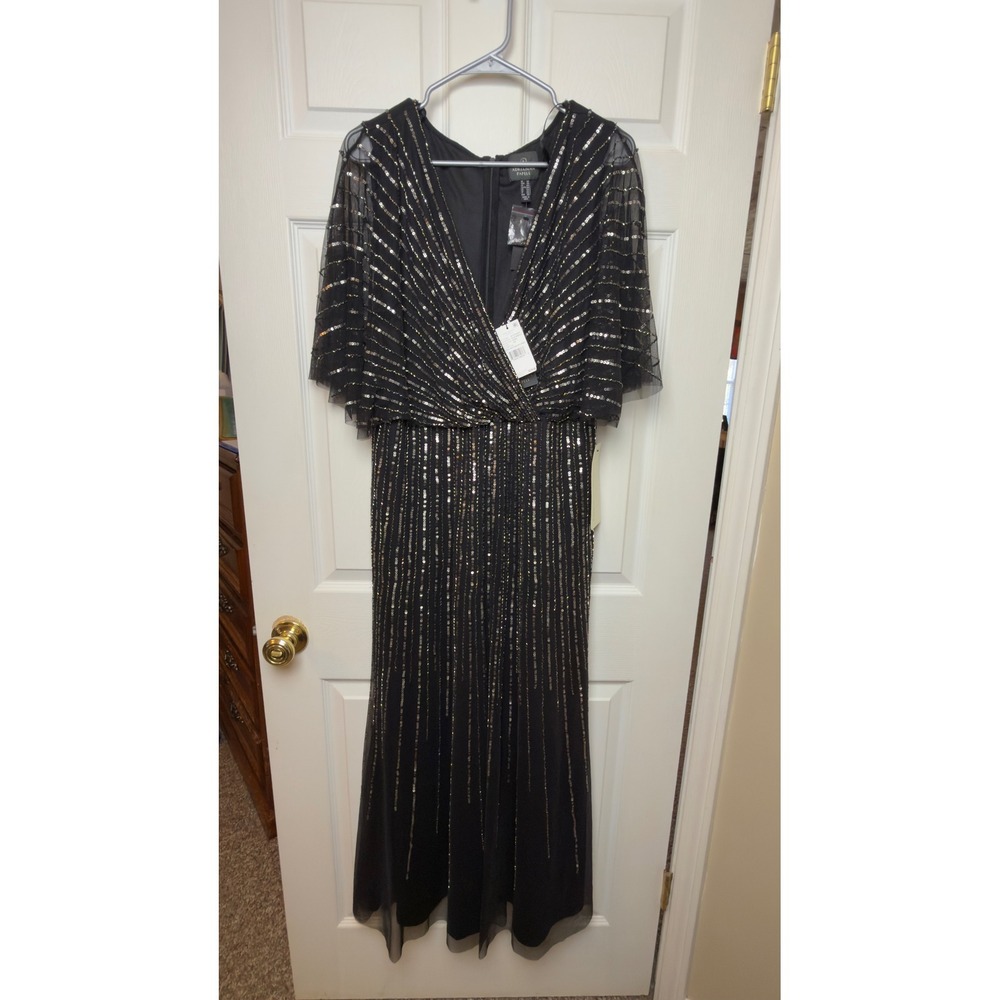 Adrianna Papell Sequin V Neck Black Mercury Evening Gown Dress 18P NWT MSRP $279